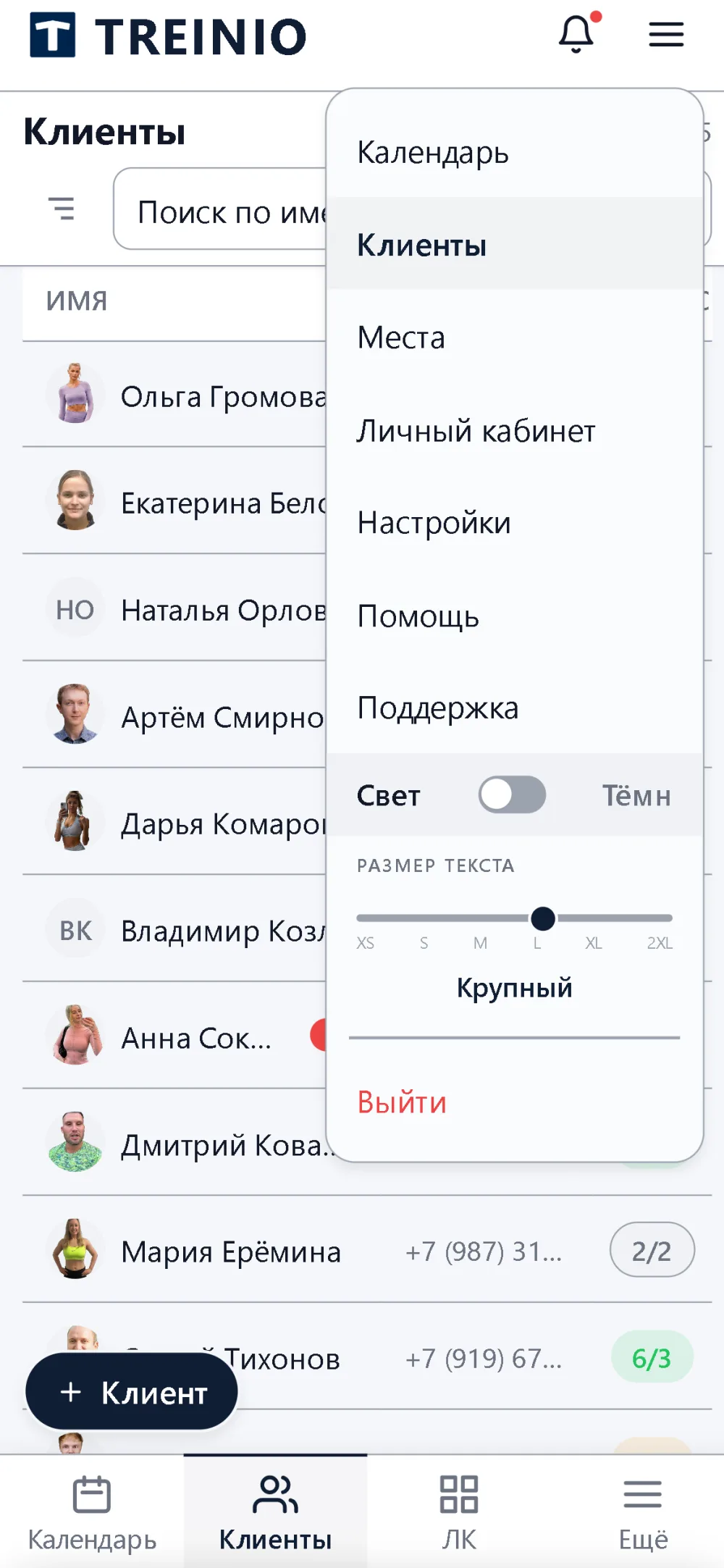 Меню настройки масштаба интерфейса Treinio на телефоне